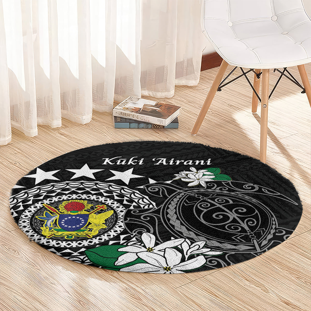 Cook Islands Independence Day Round Carpet Kuki Airani Tiare Maori Polynesian Pattern - Black LT14 - Polynesian Pride