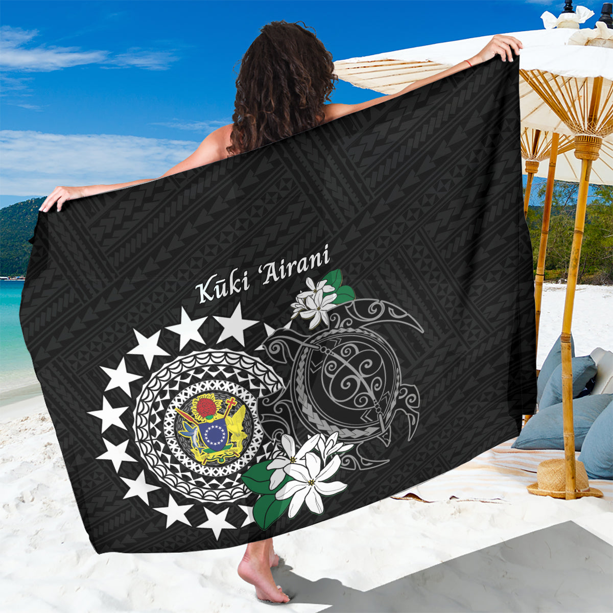 Cook Islands Independence Day Sarong Kuki Airani Tiare Maori Polynesian Pattern - Black LT14 One Size 44 x 66 inches Black - Polynesian Pride