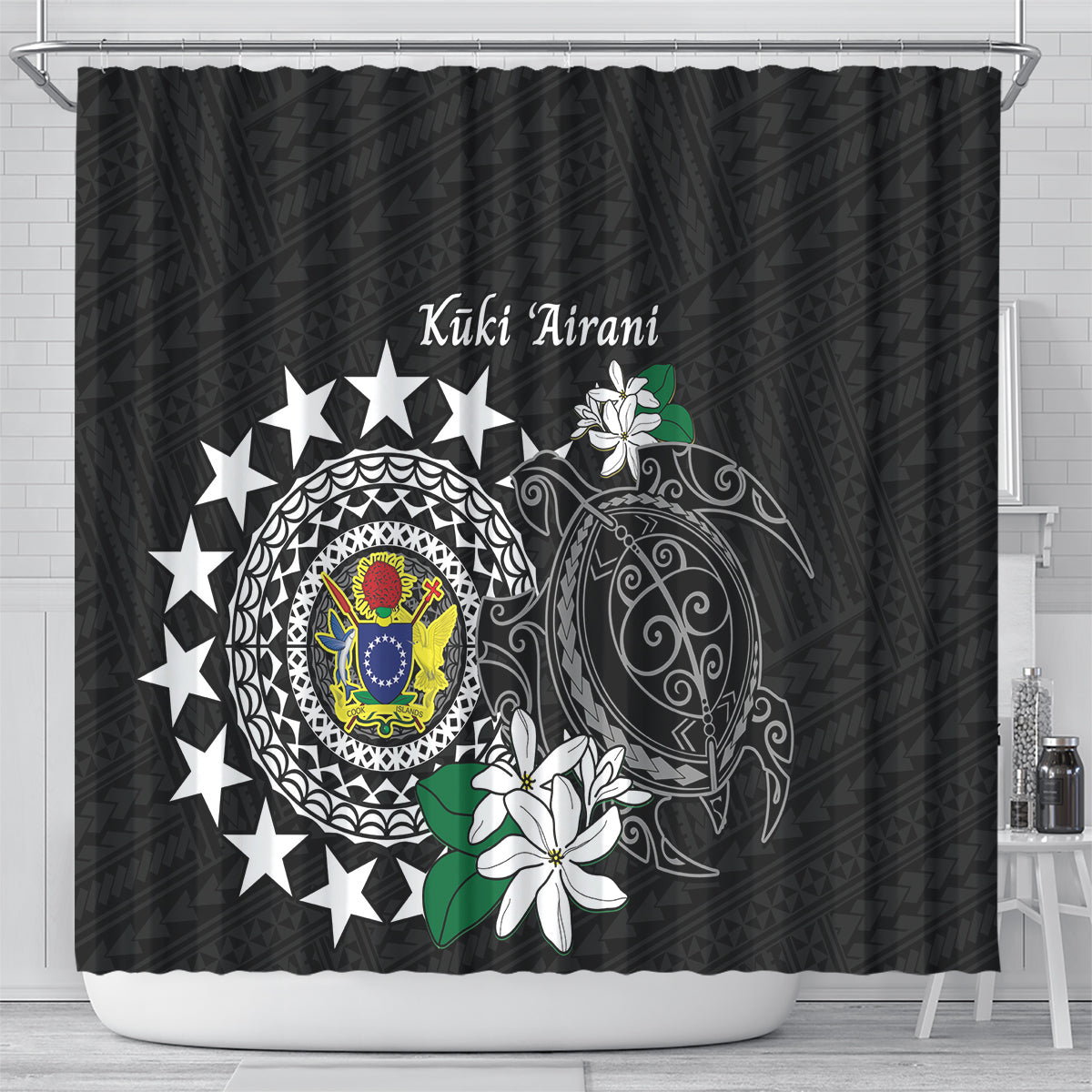Cook Islands Independence Day Shower Curtain Kuki Airani Tiare Maori Polynesian Pattern - Black LT14 - Polynesian Pride