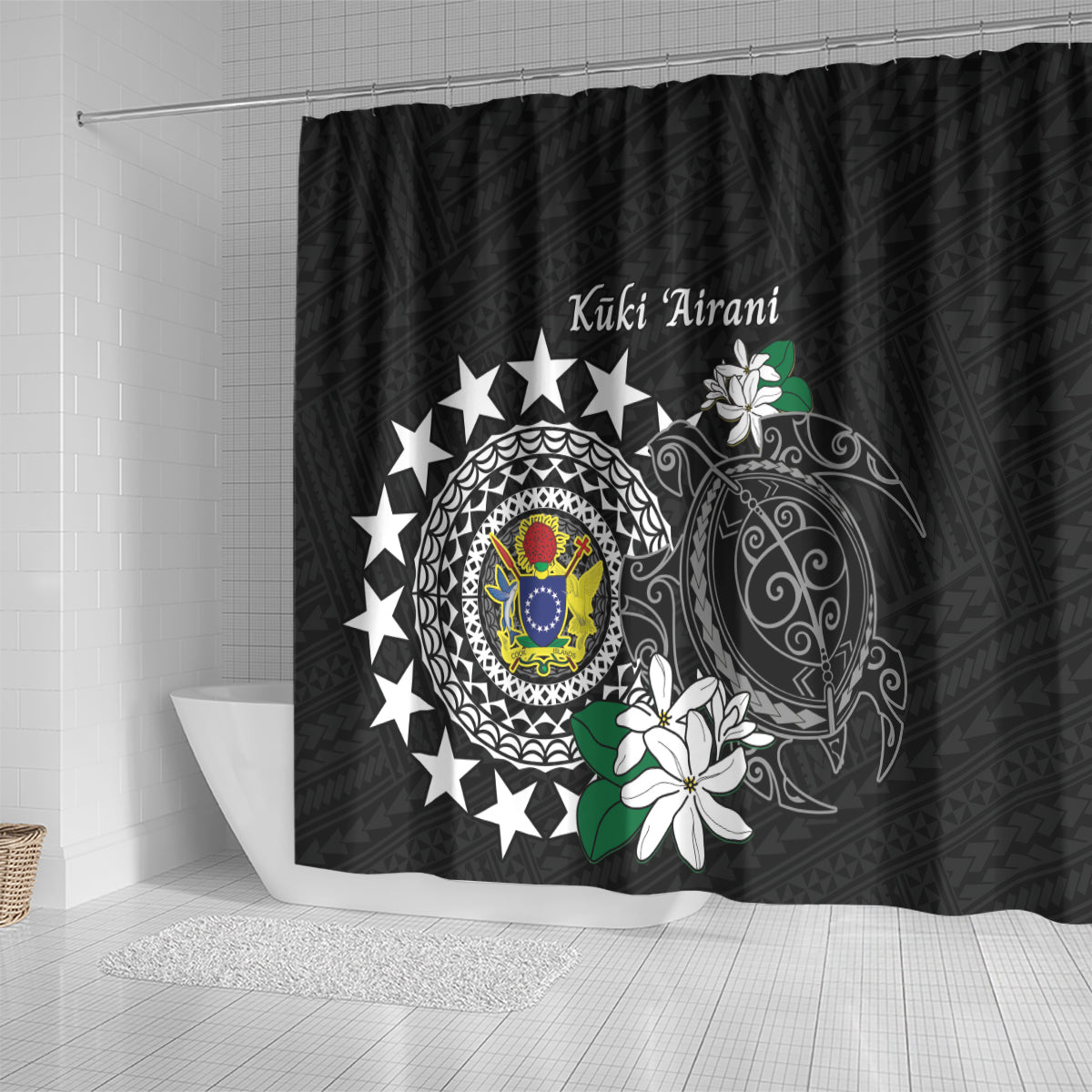 Cook Islands Independence Day Shower Curtain Kuki Airani Tiare Maori Polynesian Pattern - Black LT14 - Polynesian Pride