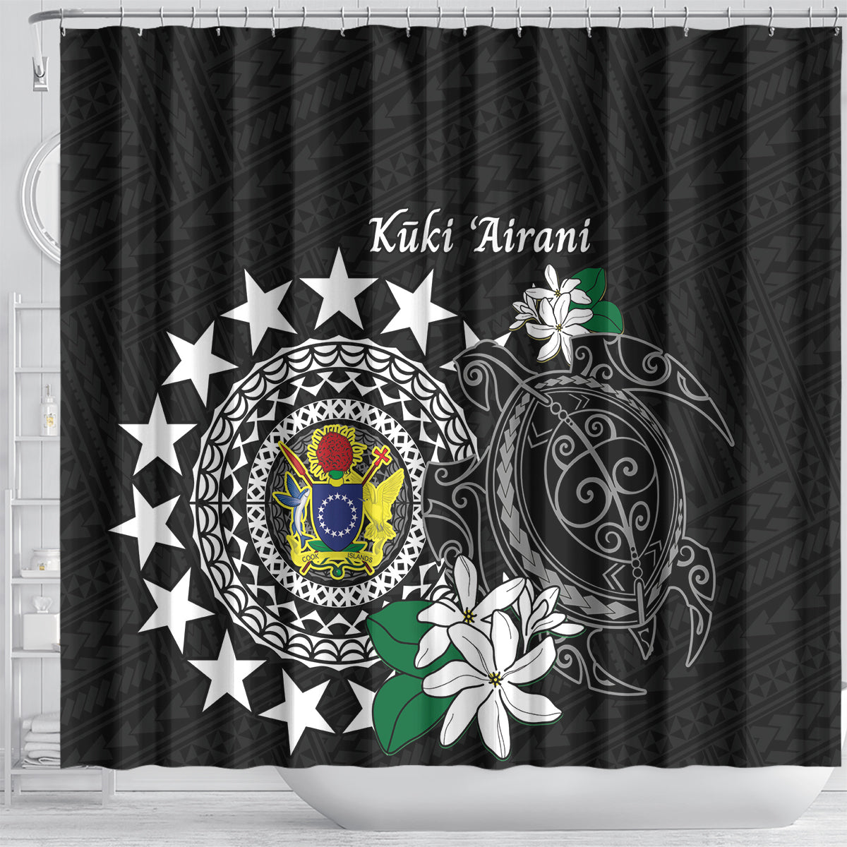Cook Islands Independence Day Shower Curtain Kuki Airani Tiare Maori Polynesian Pattern - Black LT14 - Polynesian Pride