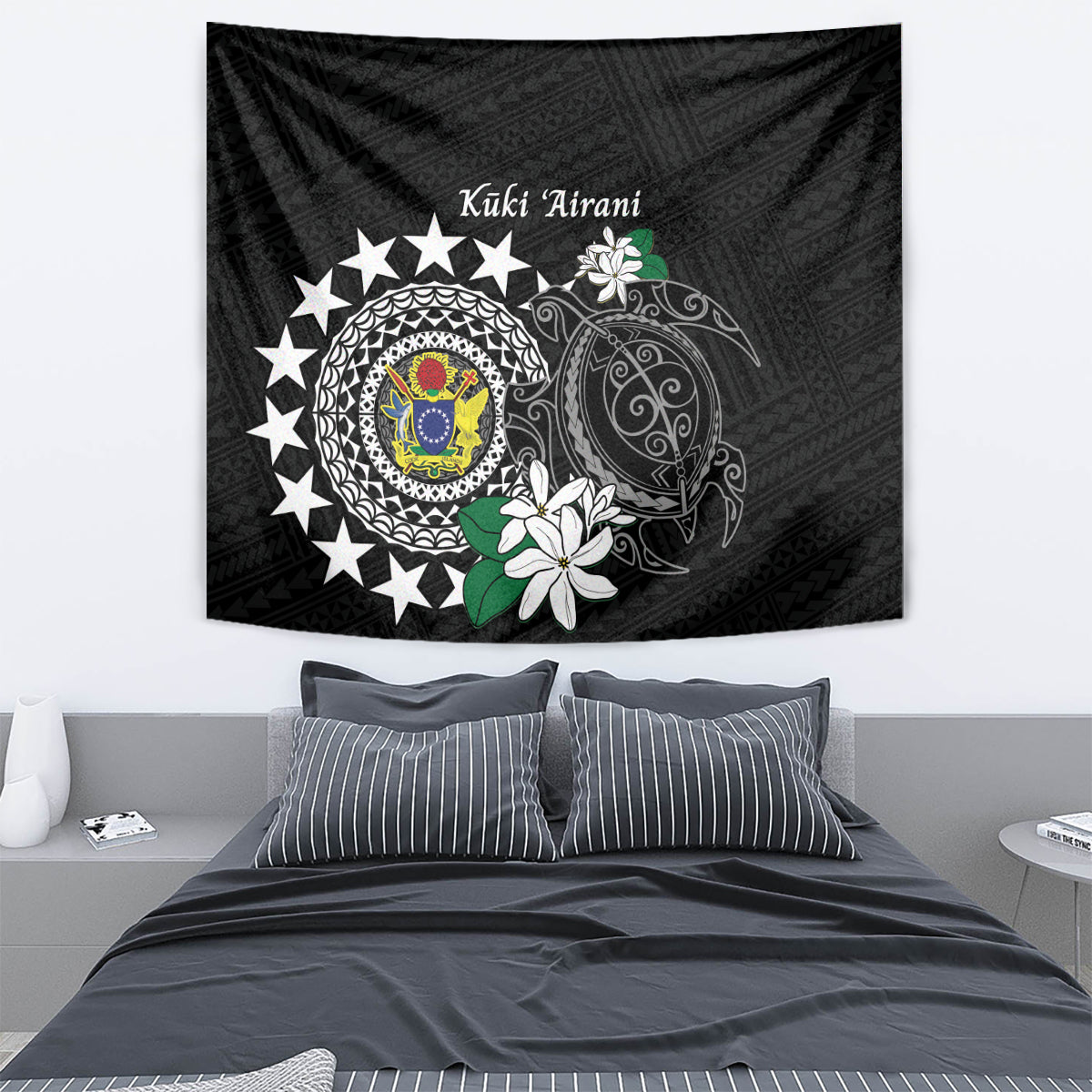 Cook Islands Independence Day Tapestry Kuki Airani Tiare Maori Polynesian Pattern - Black LT14 - Polynesian Pride
