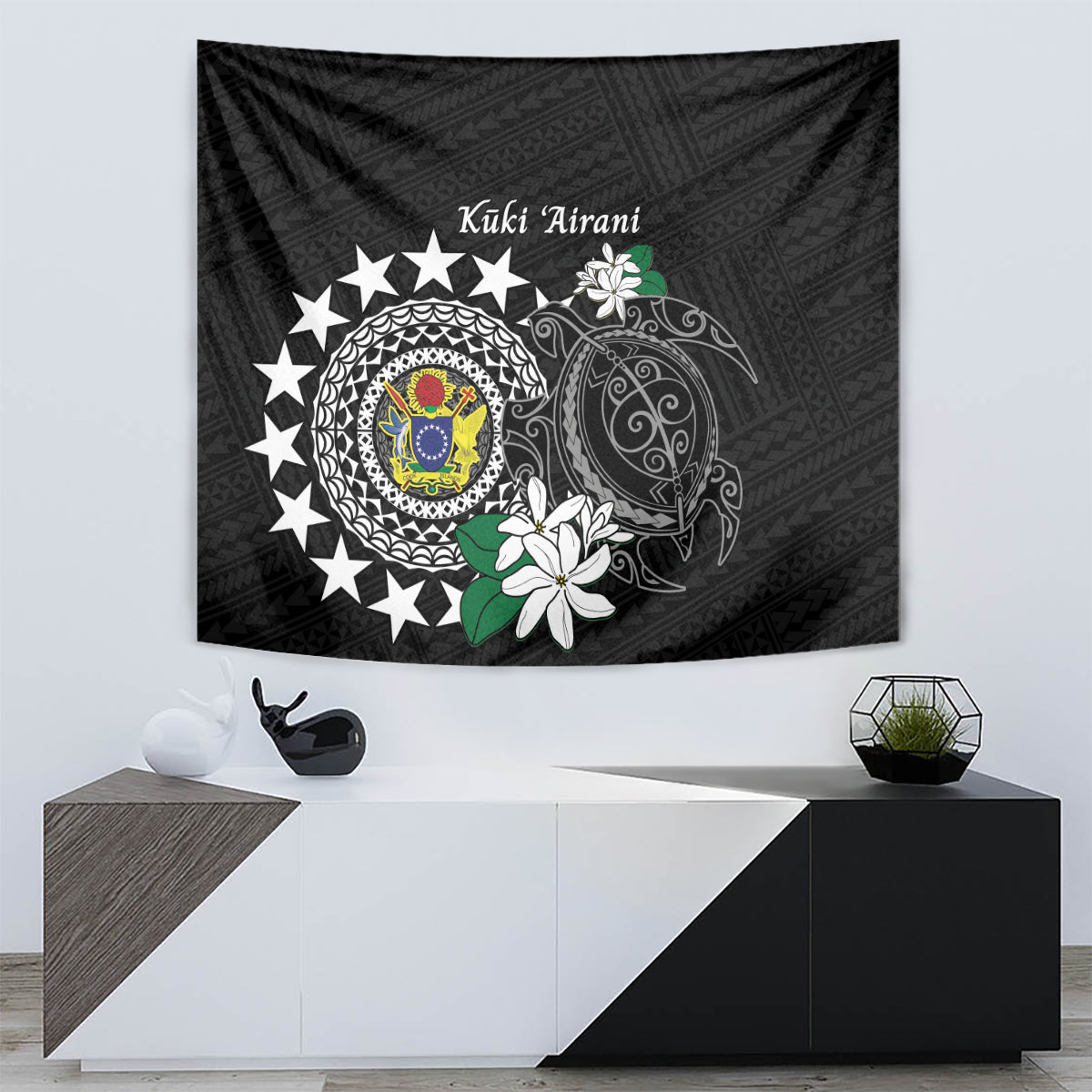 Cook Islands Independence Day Tapestry Kuki Airani Tiare Maori Polynesian Pattern - Black LT14 - Polynesian Pride