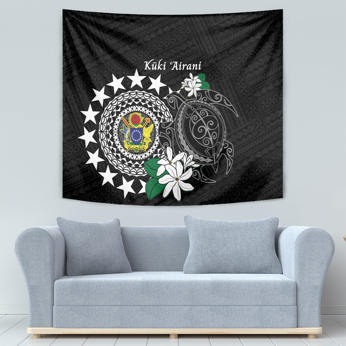 Cook Islands Independence Day Tapestry Kuki Airani Tiare Maori Polynesian Pattern - Black LT14 - Polynesian Pride