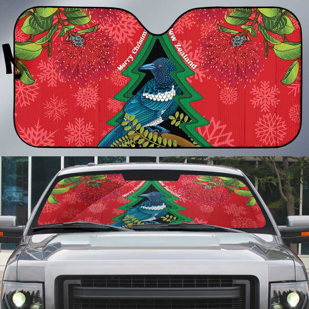 New Zealand Christmas In July Auto Sun Shade Kowhai Tui Bird With Pohutukawa - Red LT14 Red - Polynesian Pride