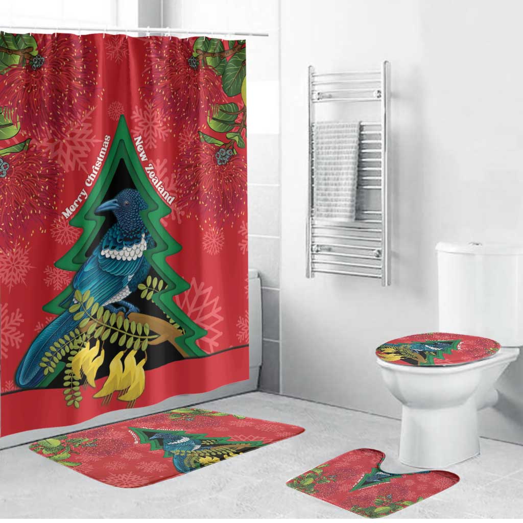 New Zealand Christmas In July Bathroom Set Kowhai Tui Bird With Pohutukawa - Red LT14 Bathroom Set (4 pcs) Red - Polynesian Pride
