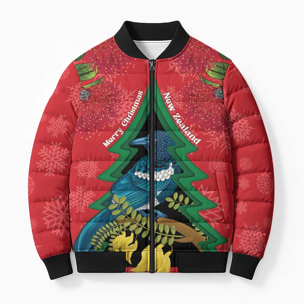 New Zealand Christmas In July Bomber Puffer Jacket Kowhai Tui Bird With Pohutukawa - Red LT14 Unisex Red - Polynesian Pride