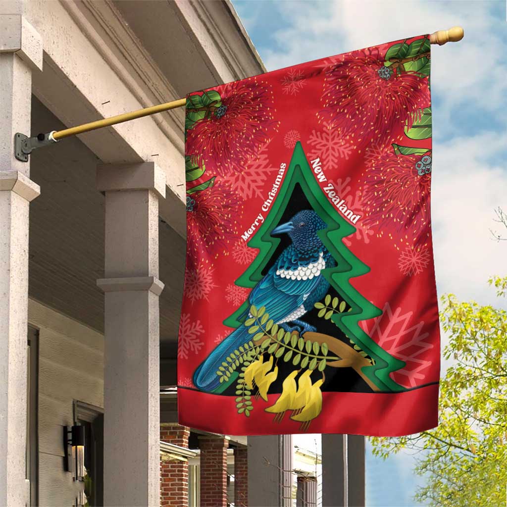 New Zealand Christmas In July Garden Flag Kowhai Tui Bird With Pohutukawa - Red LT14 House Flag Red - Polynesian Pride