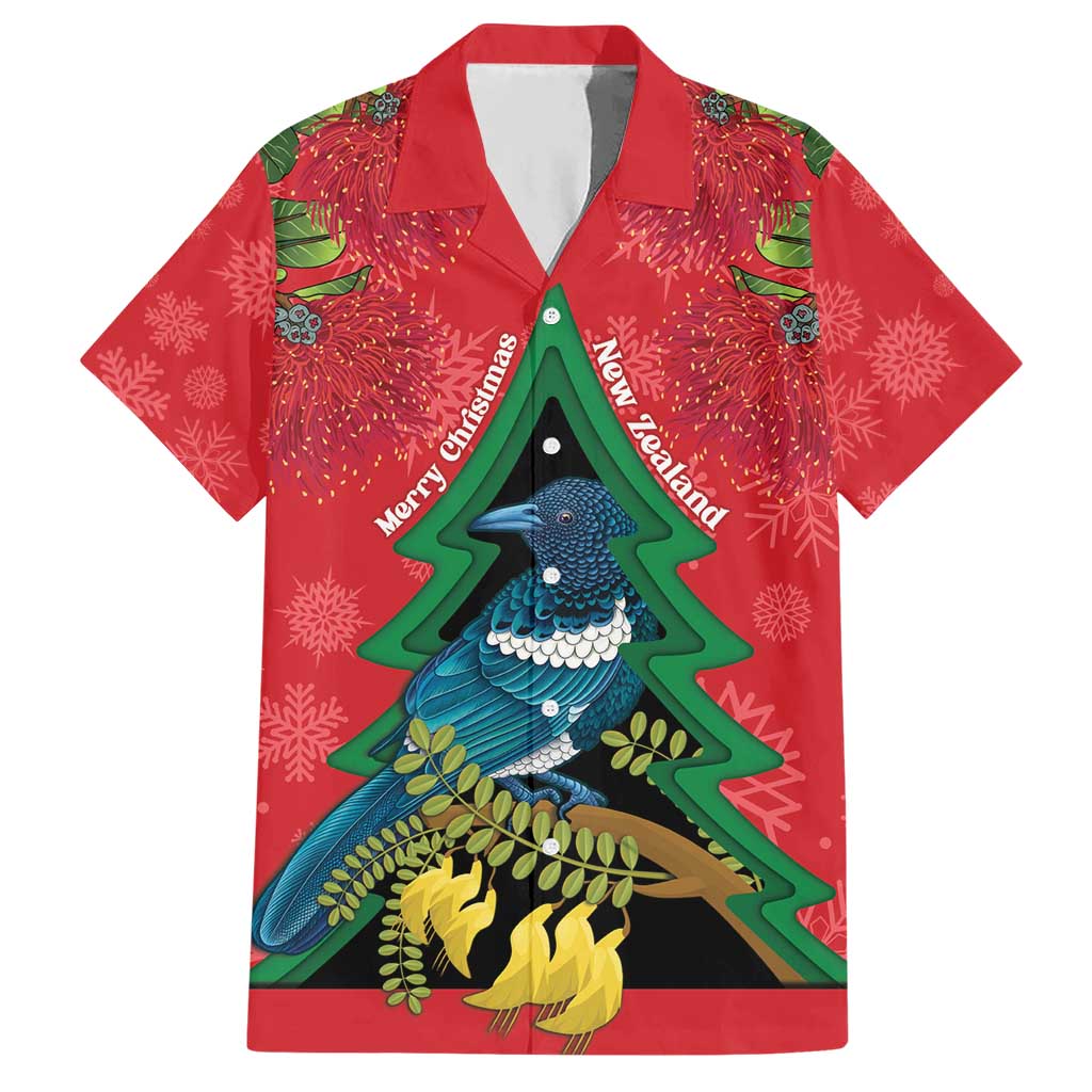 New Zealand Christmas In July Hawaiian Shirt Kowhai Tui Bird With Pohutukawa - Red LT14 Red - Polynesian Pride