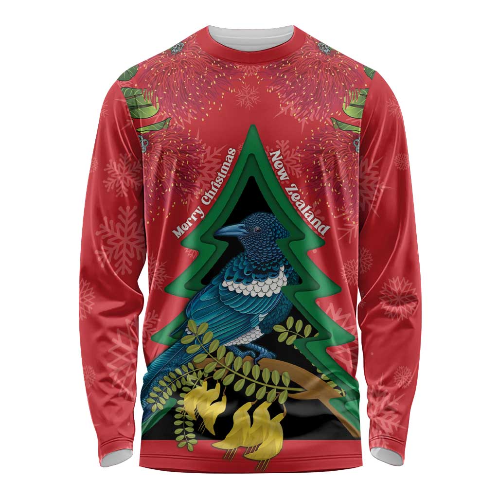 New Zealand Christmas In July Long Sleeve Shirt Kowhai Tui Bird With Pohutukawa - Red LT14 Unisex Red - Polynesian Pride