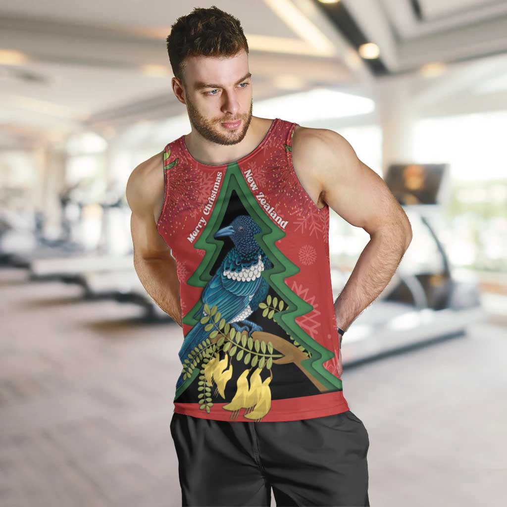 New Zealand Christmas In July Men Tank Top Kowhai Tui Bird With Pohutukawa - Red LT14 Red - Polynesian Pride