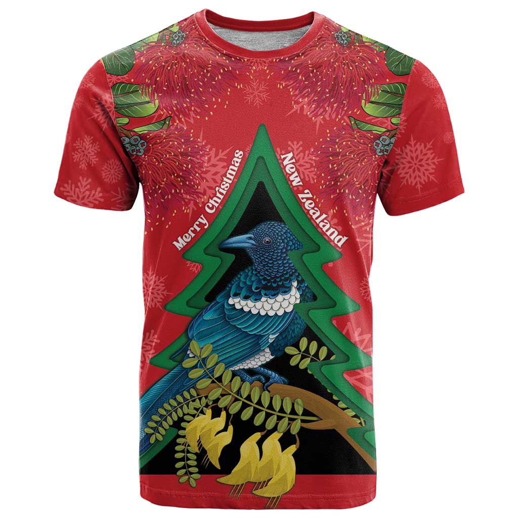 New Zealand Christmas In July T Shirt Kowhai Tui Bird With Pohutukawa - Red LT14 Red - Polynesian Pride