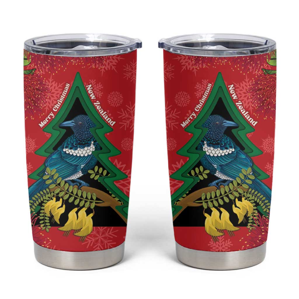 New Zealand Christmas In July Tumbler Cup Kowhai Tui Bird With Pohutukawa - Red LT14 Red - Polynesian Pride