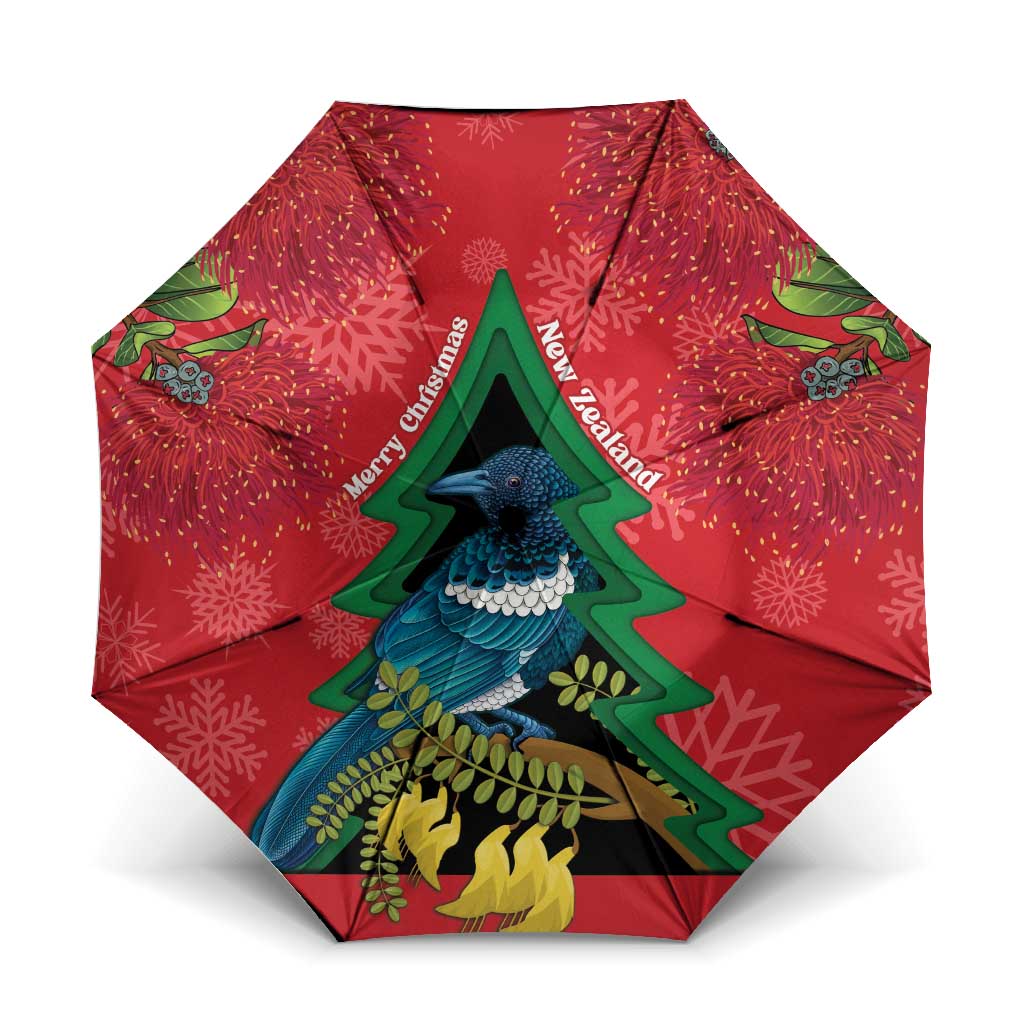 New Zealand Christmas In July Umbrella Kowhai Tui Bird With Pohutukawa - Red LT14 One Size Folded 11.42 inch Opened Diameter 37.4 inch Red - Polynesian Pride