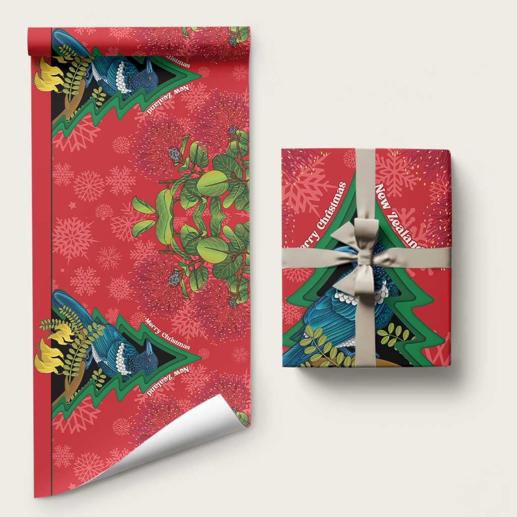 New Zealand Christmas In July Wrapping Paper Kowhai Tui Bird With Pohutukawa - Red LT14 58" × 23" Red - Polynesian Pride