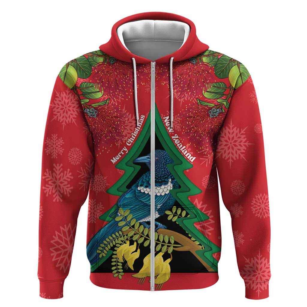 New Zealand Christmas In July Zip Hoodie Kowhai Tui Bird With Pohutukawa - Red LT14 Zip Hoodie Red - Polynesian Pride