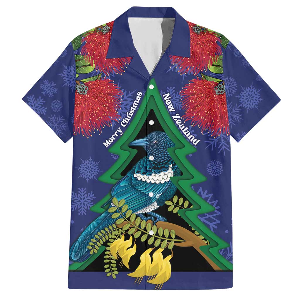 New Zealand Christmas In July Hawaiian Shirt Kowhai Tui Bird With Pohutukawa - Blue LT14 Blue - Polynesian Pride