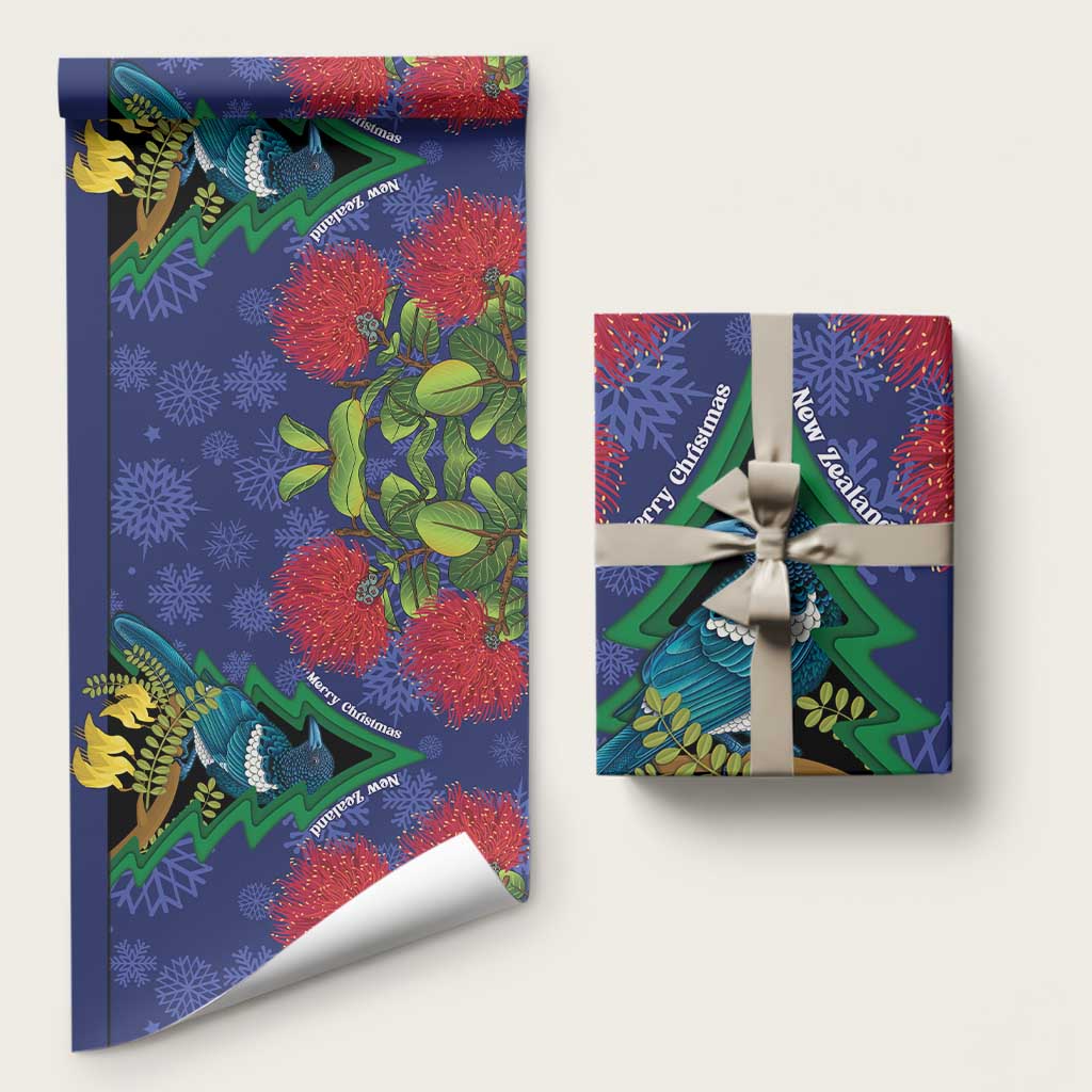New Zealand Christmas In July Wrapping Paper Kowhai Tui Bird With Pohutukawa - Blue LT14 58" × 23" Blue - Polynesian Pride