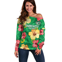 Custom Vanuatu Cricket Off Shoulder Sweater 2024 Tropical Flowers Version LT14 Women Green - Polynesian Pride