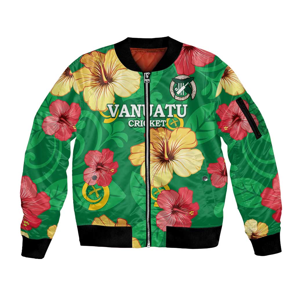 Custom Vanuatu Cricket Sleeve Zip Bomber Jacket 2024 Tropical Flowers Version LT14 Unisex Green - Polynesian Pride
