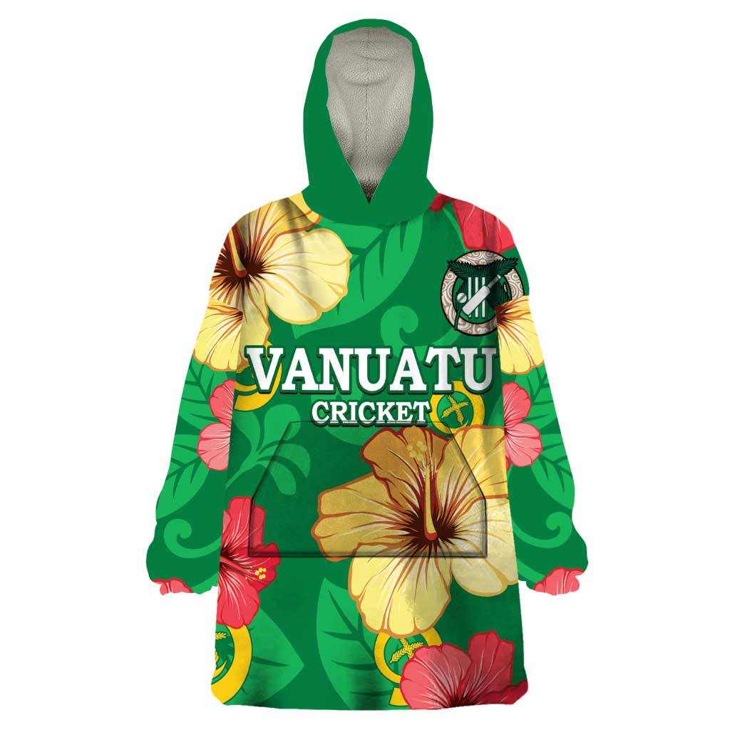 Custom Vanuatu Cricket Wearable Blanket Hoodie 2024 Tropical Flowers Version LT14 One Size Green - Polynesian Pride
