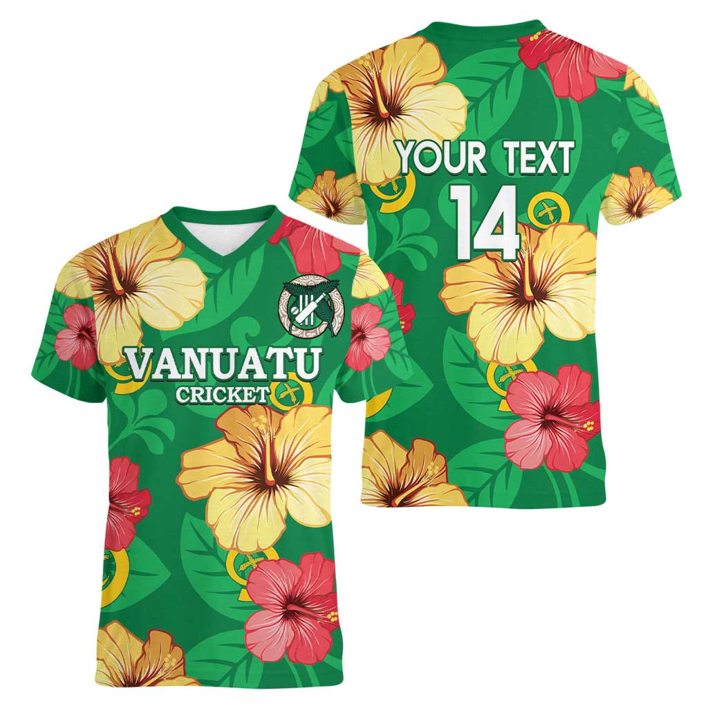 Custom Vanuatu Cricket Women V-Neck T-Shirt 2024 Tropical Flowers Version LT14 - Polynesian Pride