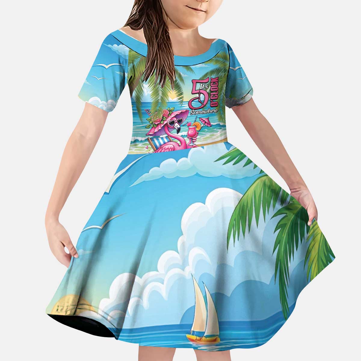 Flamingo Aloha Hawaii Kid Short Sleeve Dress It's 5 OClock Somewhere Tropical Vibes LT14 KID Blue - Polynesian Pride