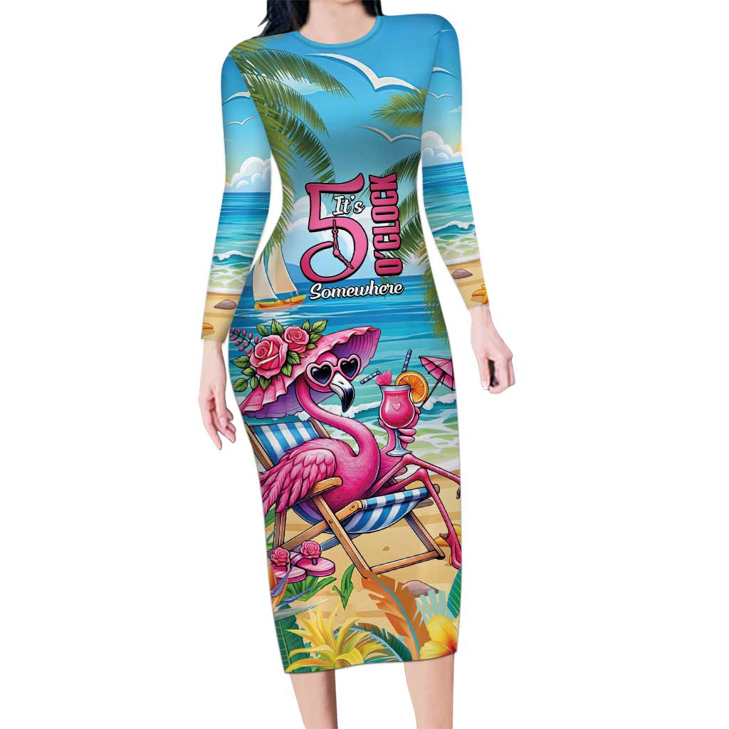 Flamingo Aloha Hawaii Long Sleeve Bodycon Dress It's 5 OClock Somewhere Tropical Vibes LT14 Long Dress Blue - Polynesian Pride