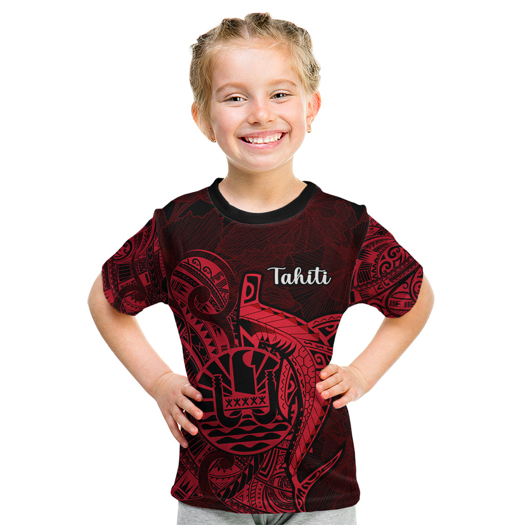 French Polynesia Tahiti Kid T Shirt Polynesian Shark Tattoo With Hibiscus Red Version LT14 Red - Polynesian Pride