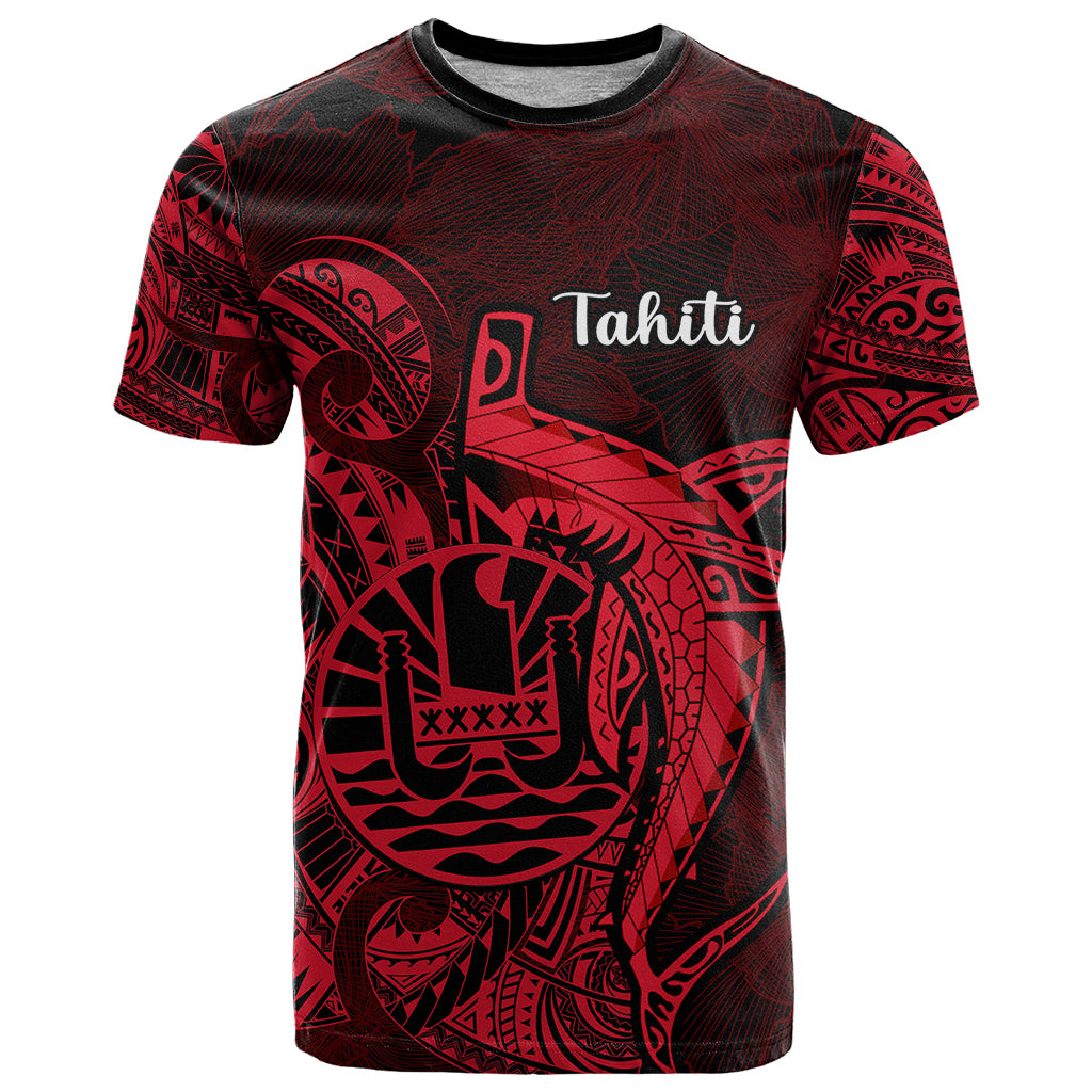 French Polynesia Tahiti T Shirt Polynesian Shark Tattoo With Hibiscus Red Version LT14 Red - Polynesian Pride