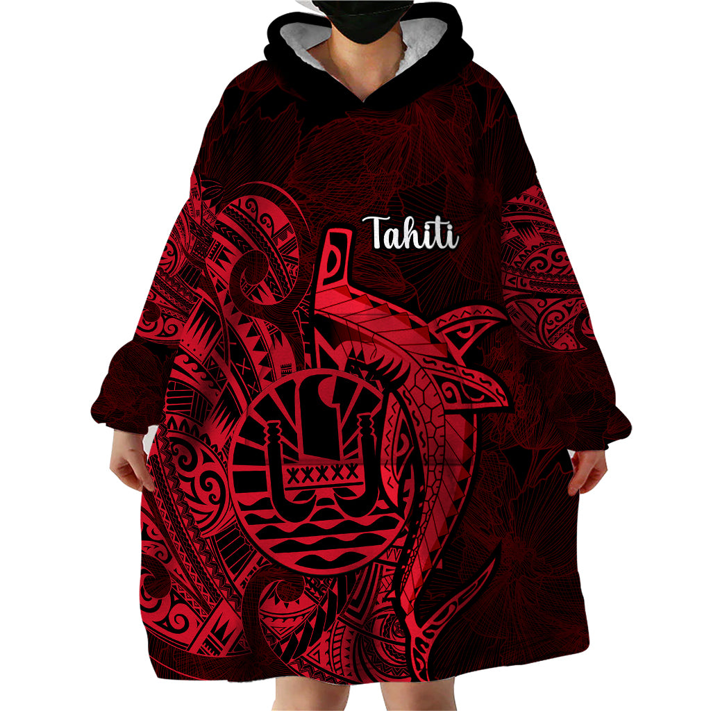 French Polynesia Tahiti Wearable Blanket Hoodie Polynesian Shark Tattoo With Hibiscus Red Version LT14 - Polynesian Pride