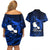 French Polynesia Tahiti Couples Matching Off Shoulder Short Dress and Hawaiian Shirt Polynesian Shark Tattoo With Hibiscus Blue Version LT14 - Polynesian Pride