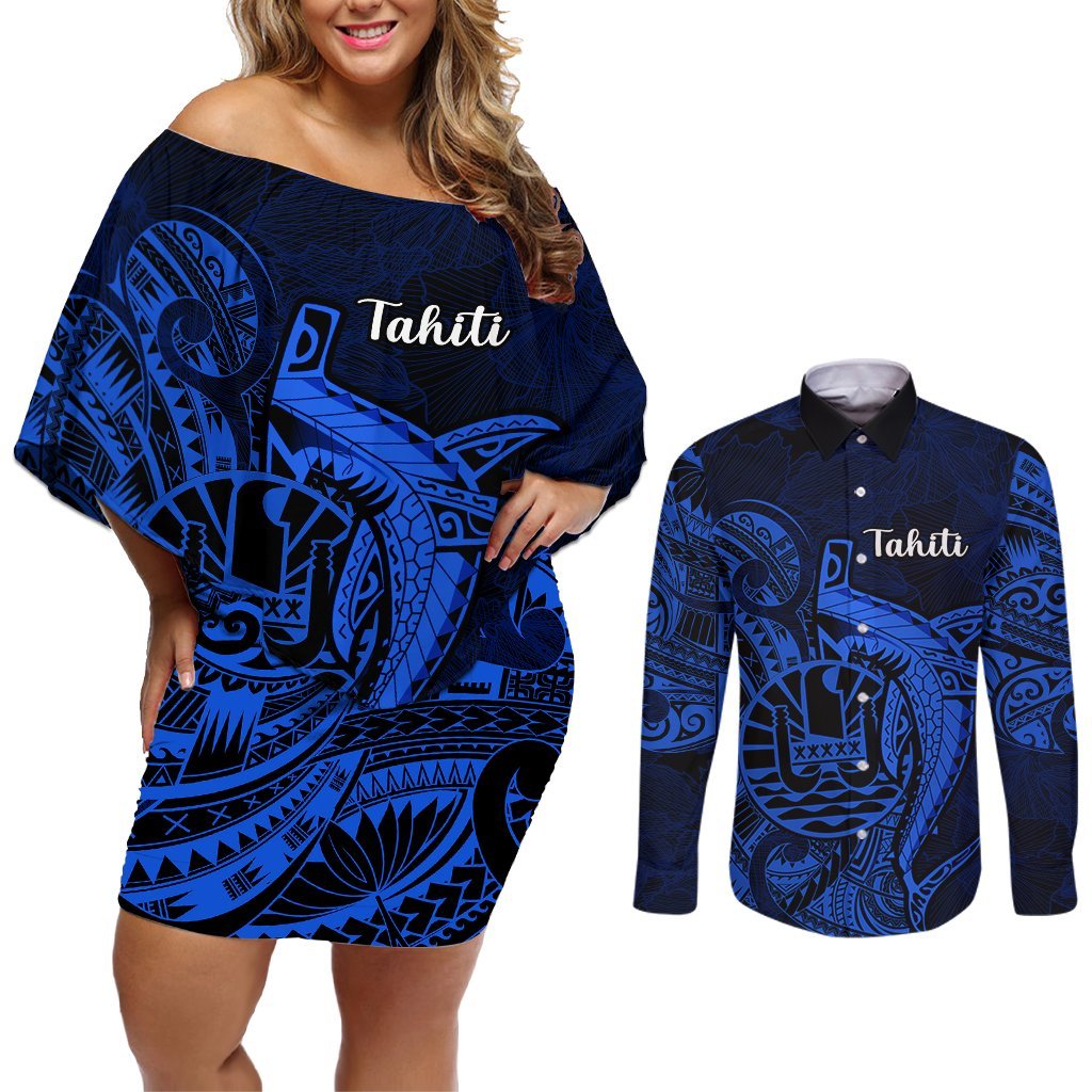 French Polynesia Tahiti Couples Matching Off Shoulder Short Dress and Long Sleeve Button Shirts Polynesian Shark Tattoo With Hibiscus Blue Version LT14 Blue - Polynesian Pride