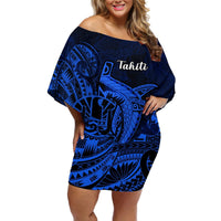French Polynesia Tahiti Off Shoulder Short Dress Polynesian Shark Tattoo With Hibiscus Blue Version LT14 Women Blue - Polynesian Pride