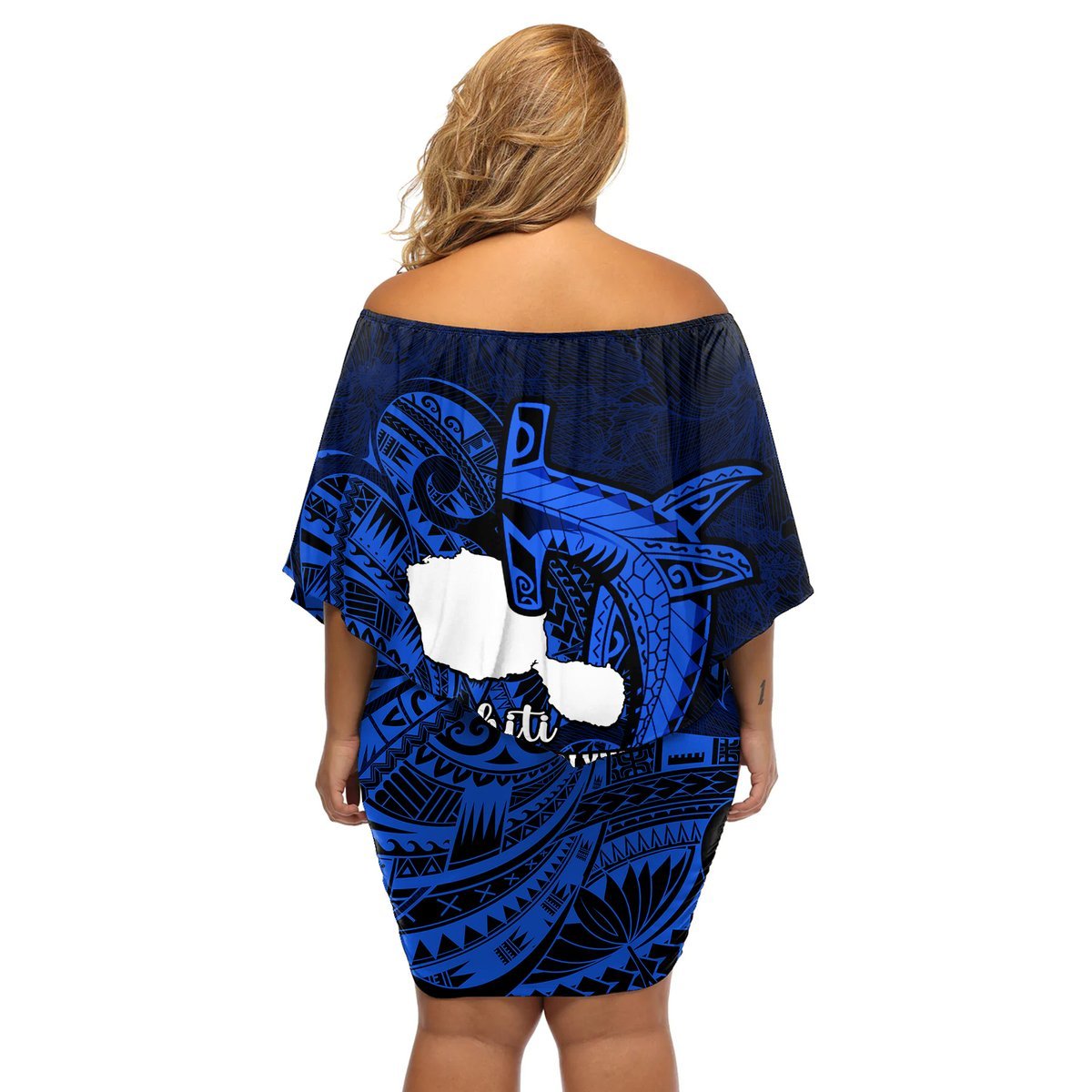 French Polynesia Tahiti Off Shoulder Short Dress Polynesian Shark Tattoo With Hibiscus Blue Version LT14 - Polynesian Pride