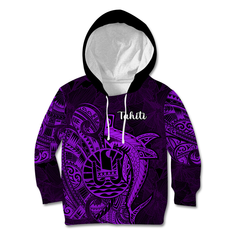 French Polynesia Tahiti Kid Hoodie Polynesian Shark Tattoo With Hibiscus Purple Version LT14 Purple - Polynesian Pride