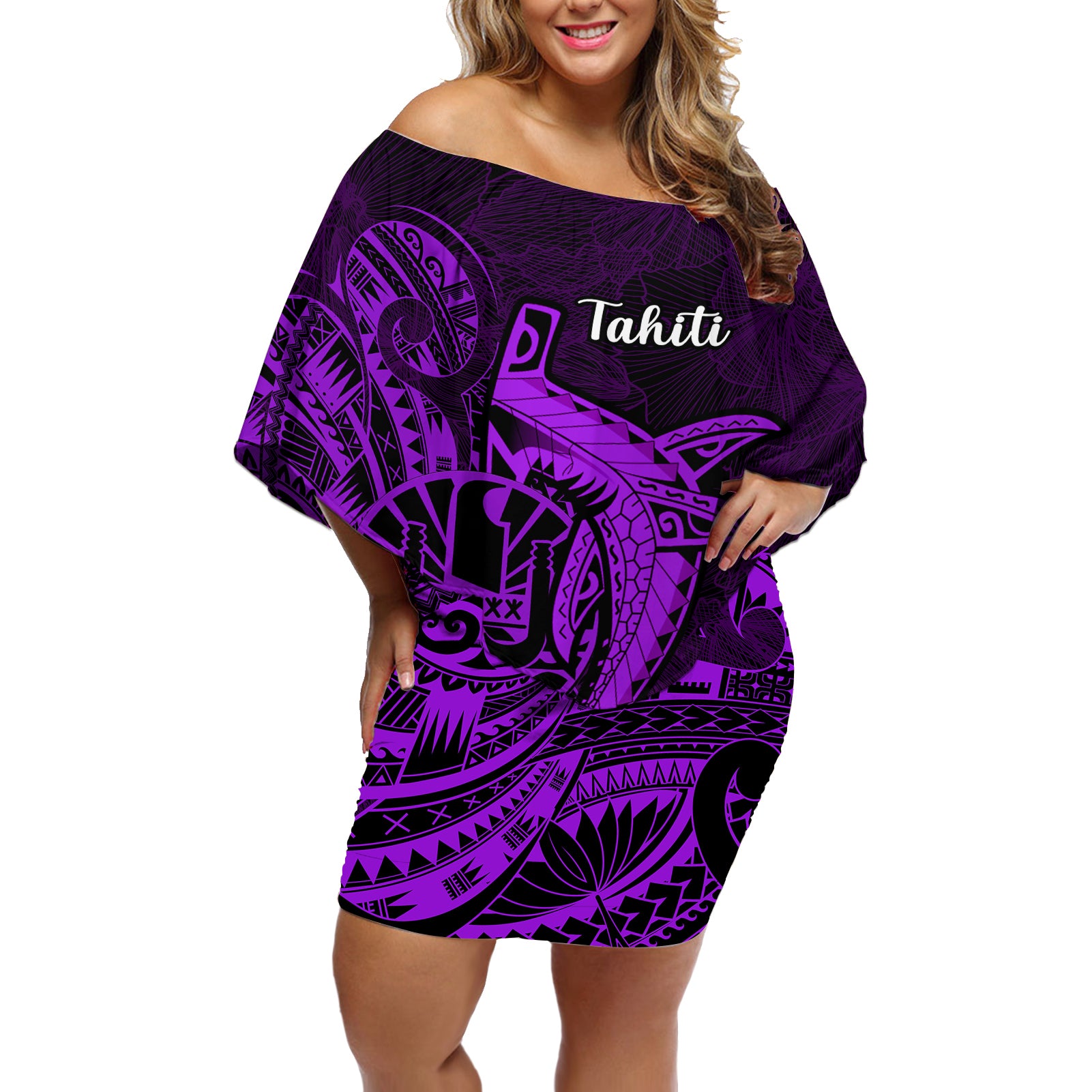 French Polynesia Tahiti Off Shoulder Short Dress Polynesian Shark Tattoo With Hibiscus Purple Version LT14 Women Purple - Polynesian Pride