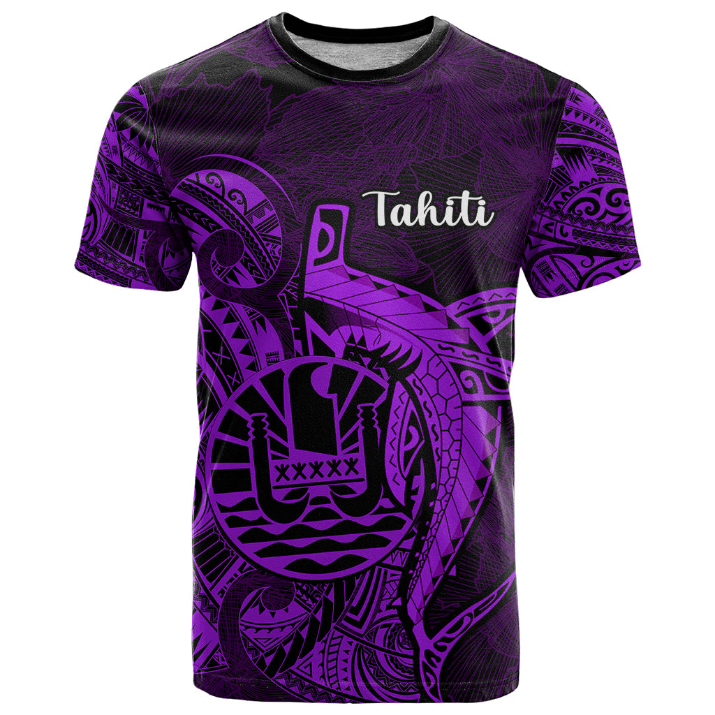 French Polynesia Tahiti T Shirt Polynesian Shark Tattoo With Hibiscus Purple Version LT14 Purple - Polynesian Pride