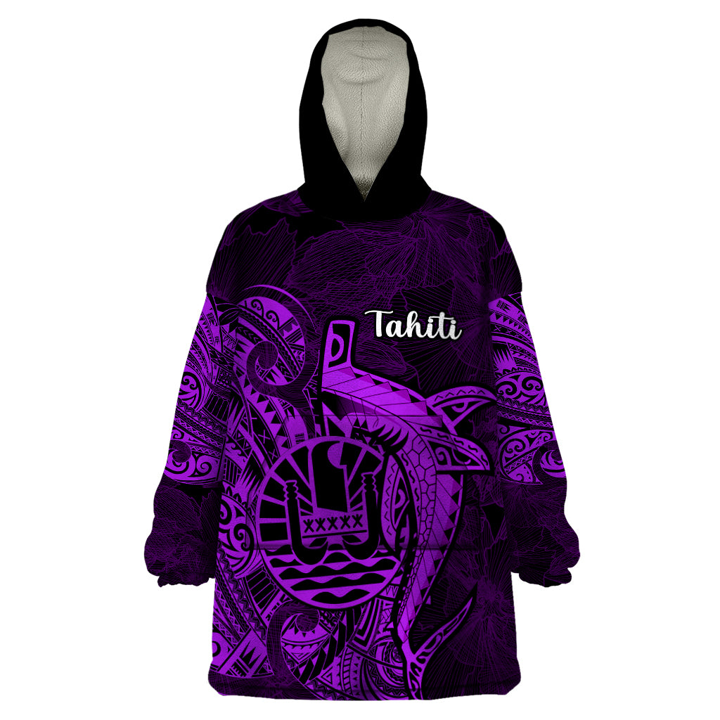 French Polynesia Tahiti Wearable Blanket Hoodie Polynesian Shark Tattoo With Hibiscus Purple Version LT14 One Size Purple - Polynesian Pride