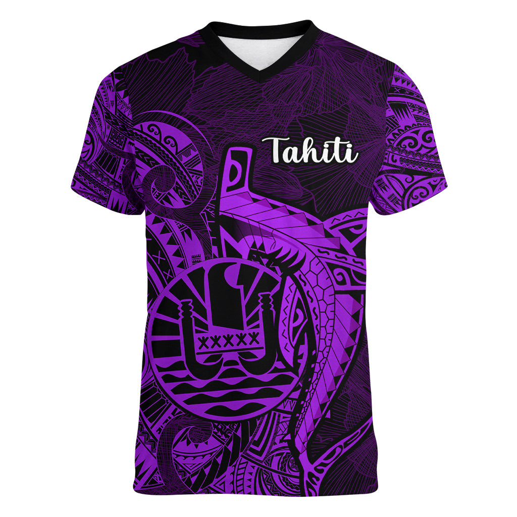 French Polynesia Tahiti Women V Neck T Shirt Polynesian Shark Tattoo With Hibiscus Purple Version LT14 Female Purple - Polynesian Pride