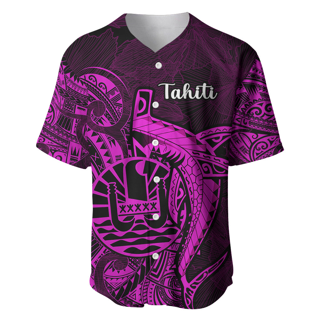 French Polynesia Tahiti Baseball Jersey Polynesian Shark Tattoo With Hibiscus Pink Version LT14 Pink - Polynesian Pride