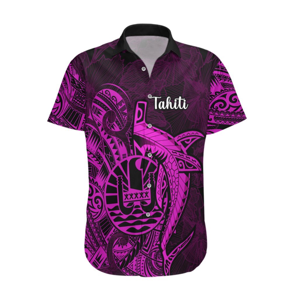 French Polynesia Tahiti Hawaiian Shirt Polynesian Shark Tattoo With Hibiscus Pink Version LT14 Pink - Polynesian Pride