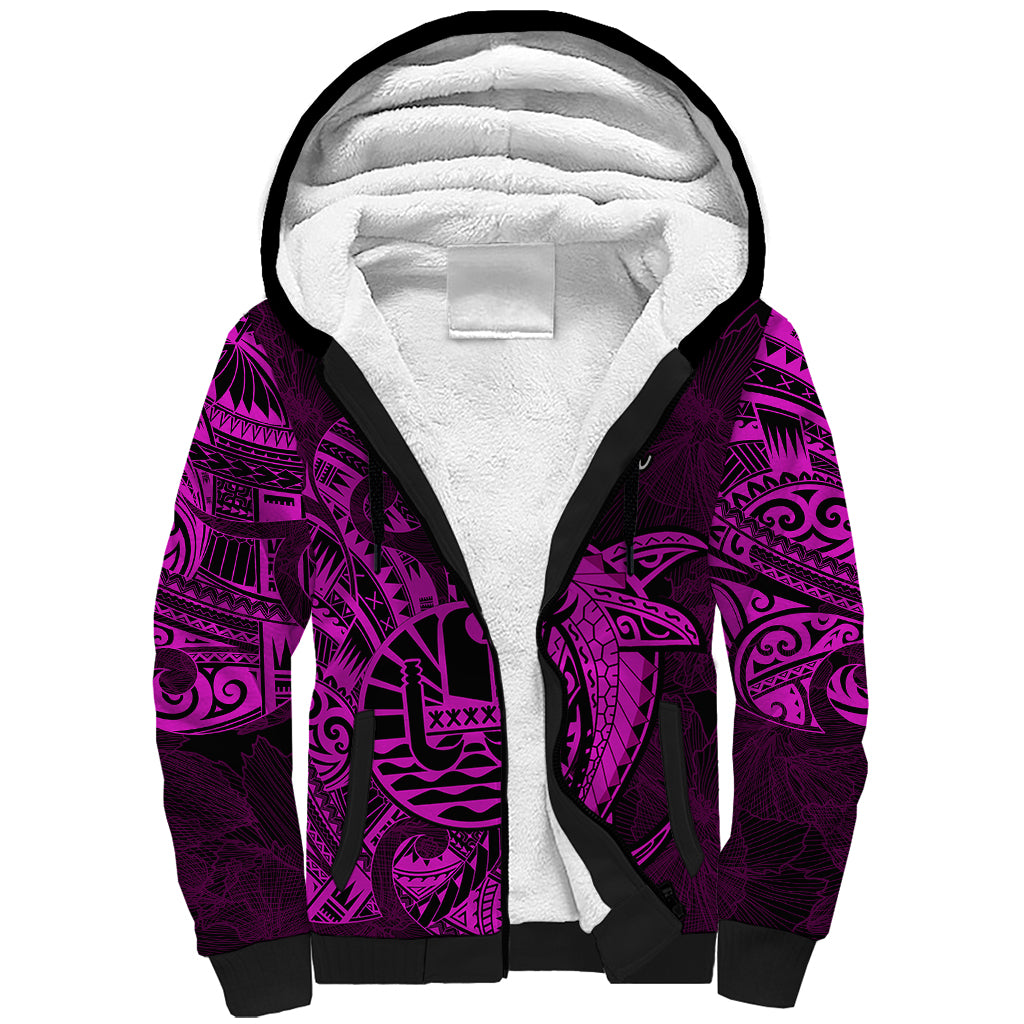 French Polynesia Tahiti Sherpa Hoodie Polynesian Shark Tattoo With Hibiscus Pink Version LT14 Unisex Pink - Polynesian Pride