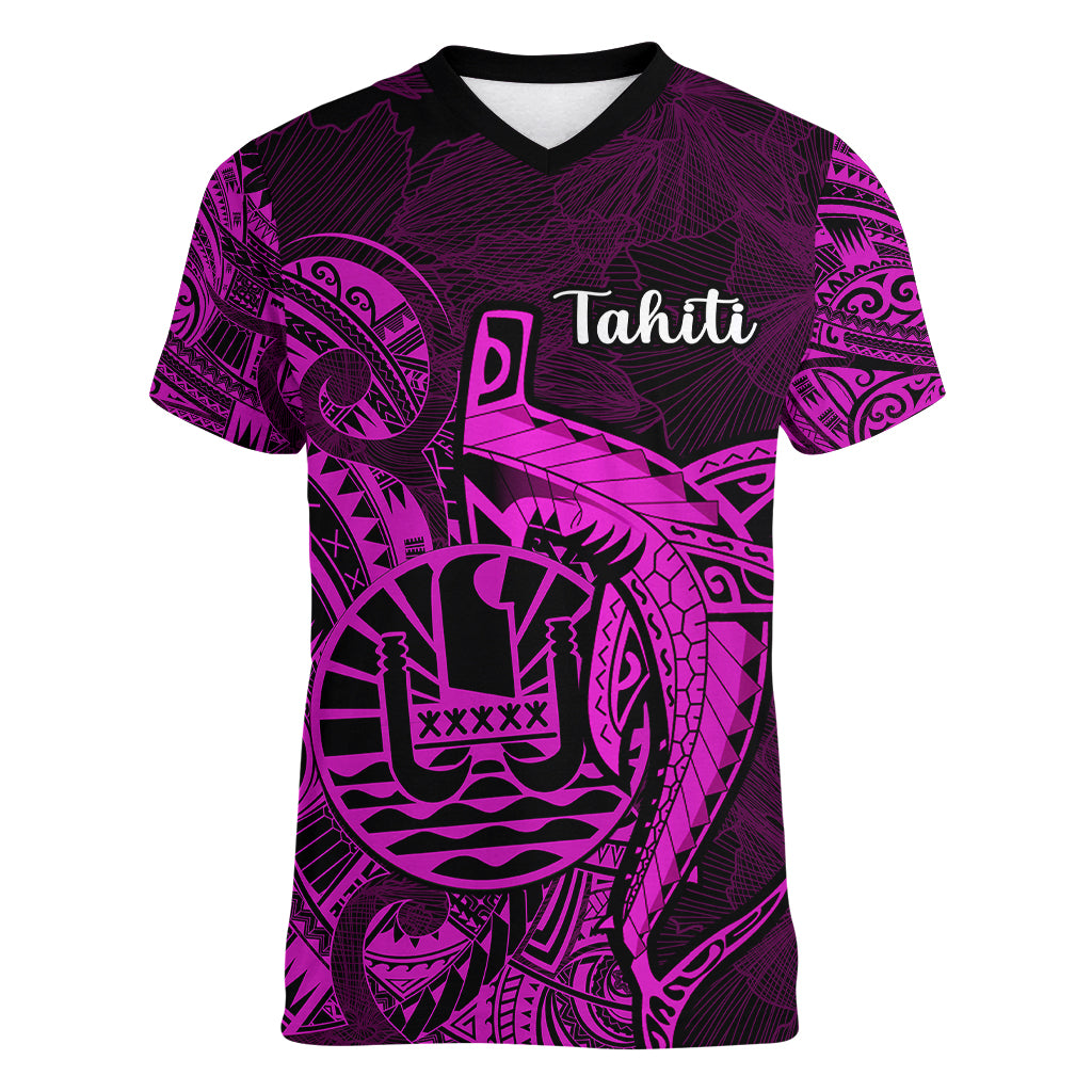 French Polynesia Tahiti Women V Neck T Shirt Polynesian Shark Tattoo With Hibiscus Pink Version LT14 Female Pink - Polynesian Pride