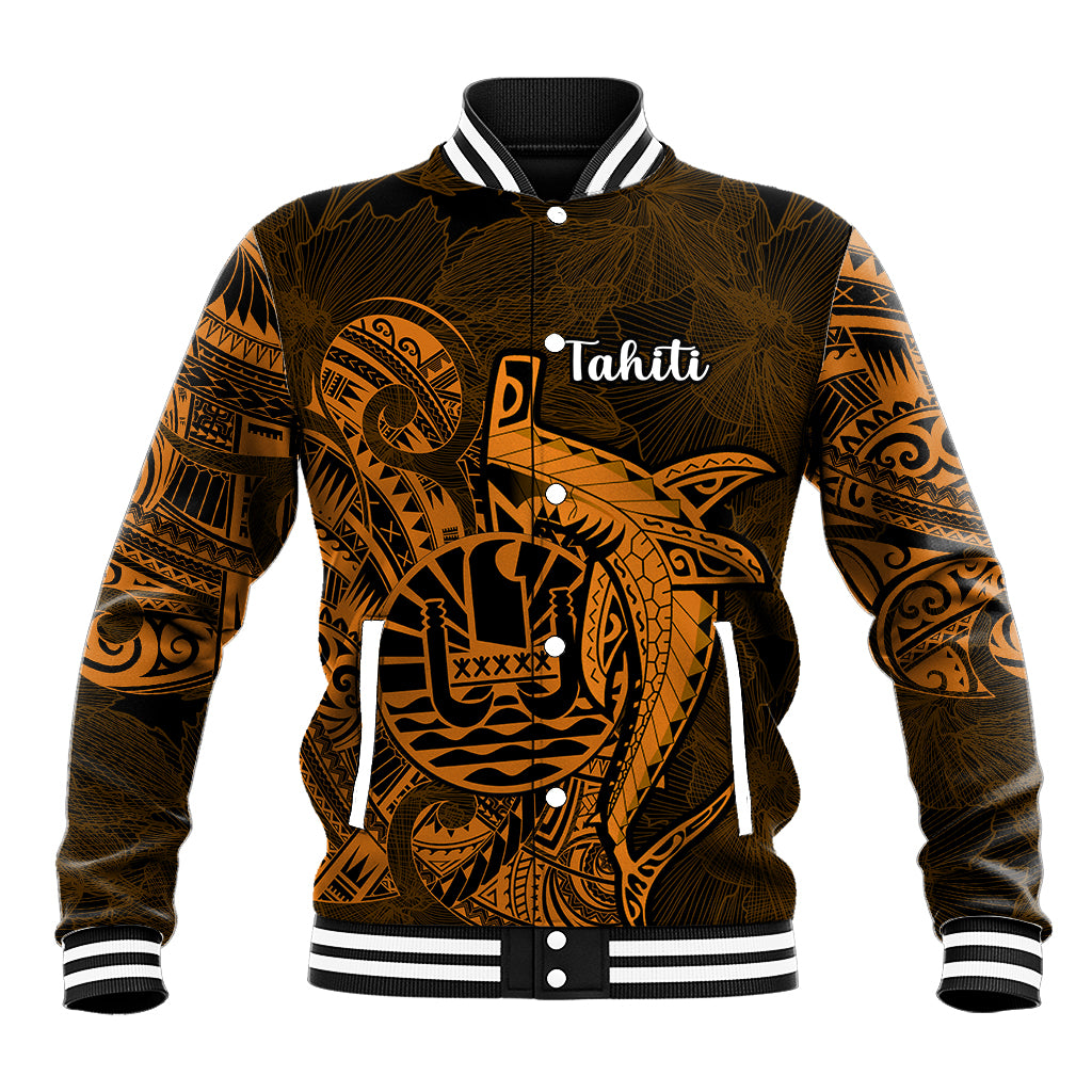 French Polynesia Tahiti Baseball Jacket Polynesian Shark Tattoo With Hibiscus Red Version LT14 Unisex Gold - Polynesian Pride