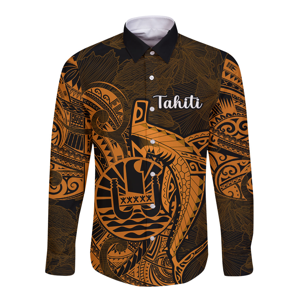 French Polynesia Tahiti Long Sleeve Button Shirt Polynesian Shark Tattoo With Hibiscus Red Version LT14 Unisex Gold - Polynesian Pride