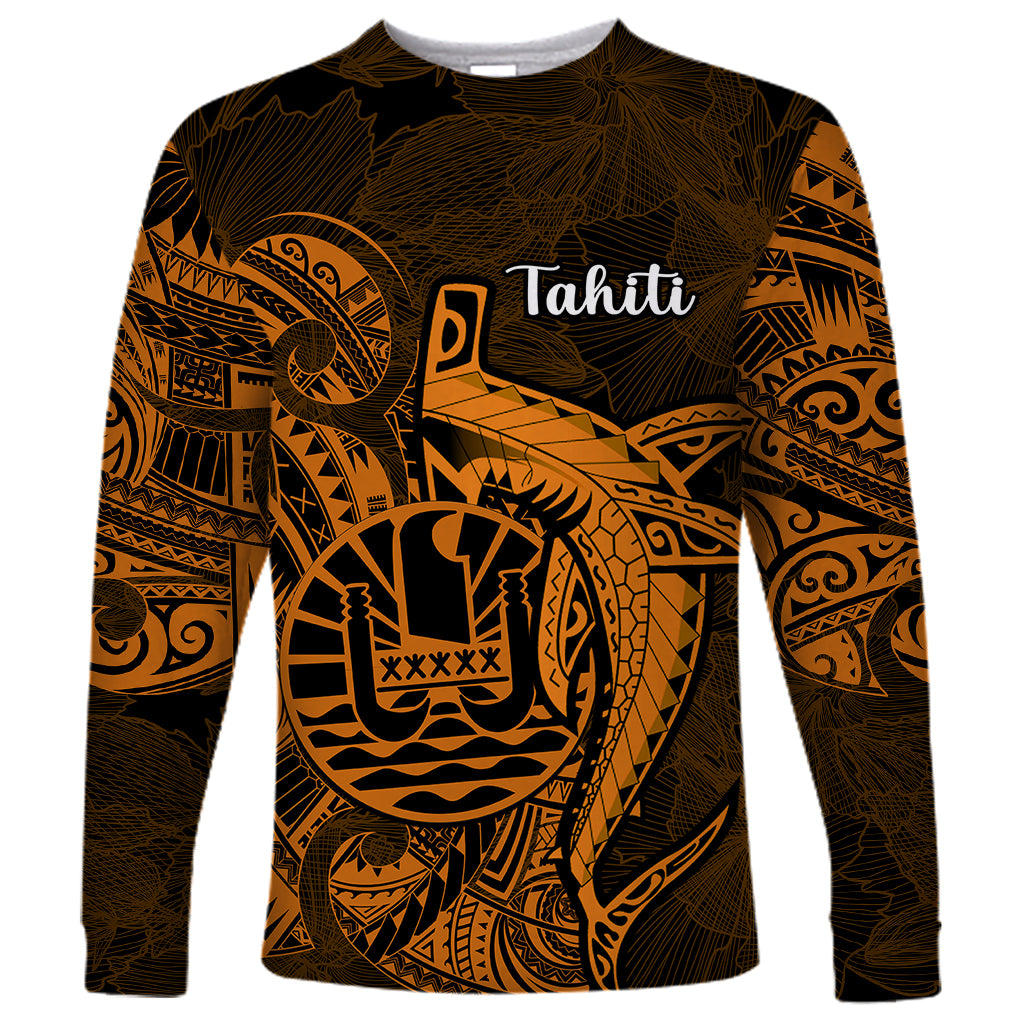 French Polynesia Tahiti Long Sleeve Shirt Polynesian Shark Tattoo With Hibiscus Red Version LT14 Unisex Gold - Polynesian Pride