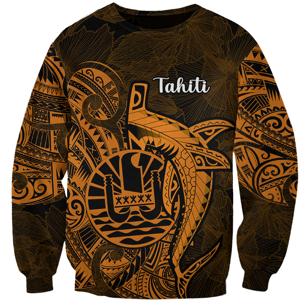 French Polynesia Tahiti Sweatshirt Polynesian Shark Tattoo With Hibiscus Red Version LT14 Unisex Gold - Polynesian Pride