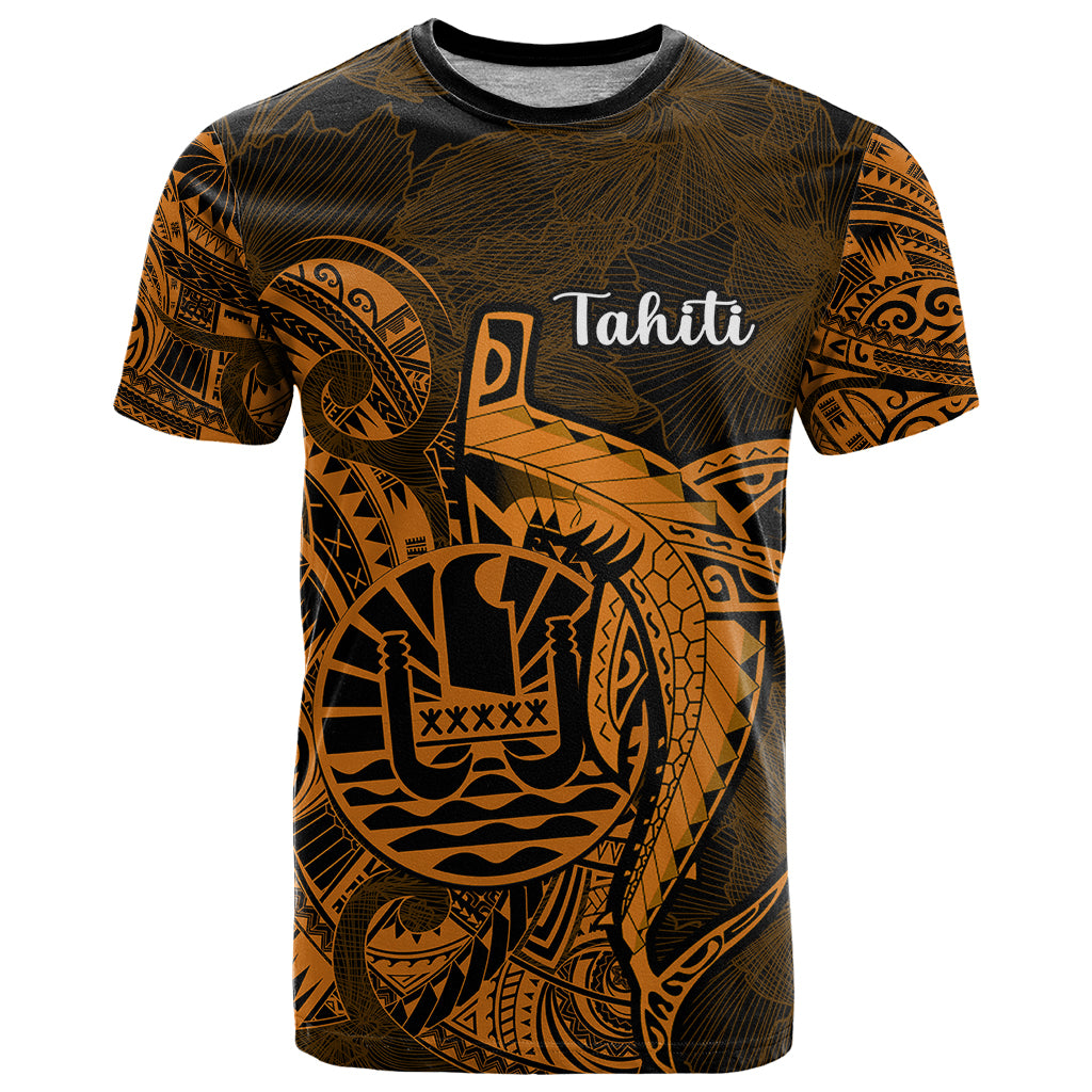 French Polynesia Tahiti T Shirt Polynesian Shark Tattoo With Hibiscus Red Version LT14 Gold - Polynesian Pride