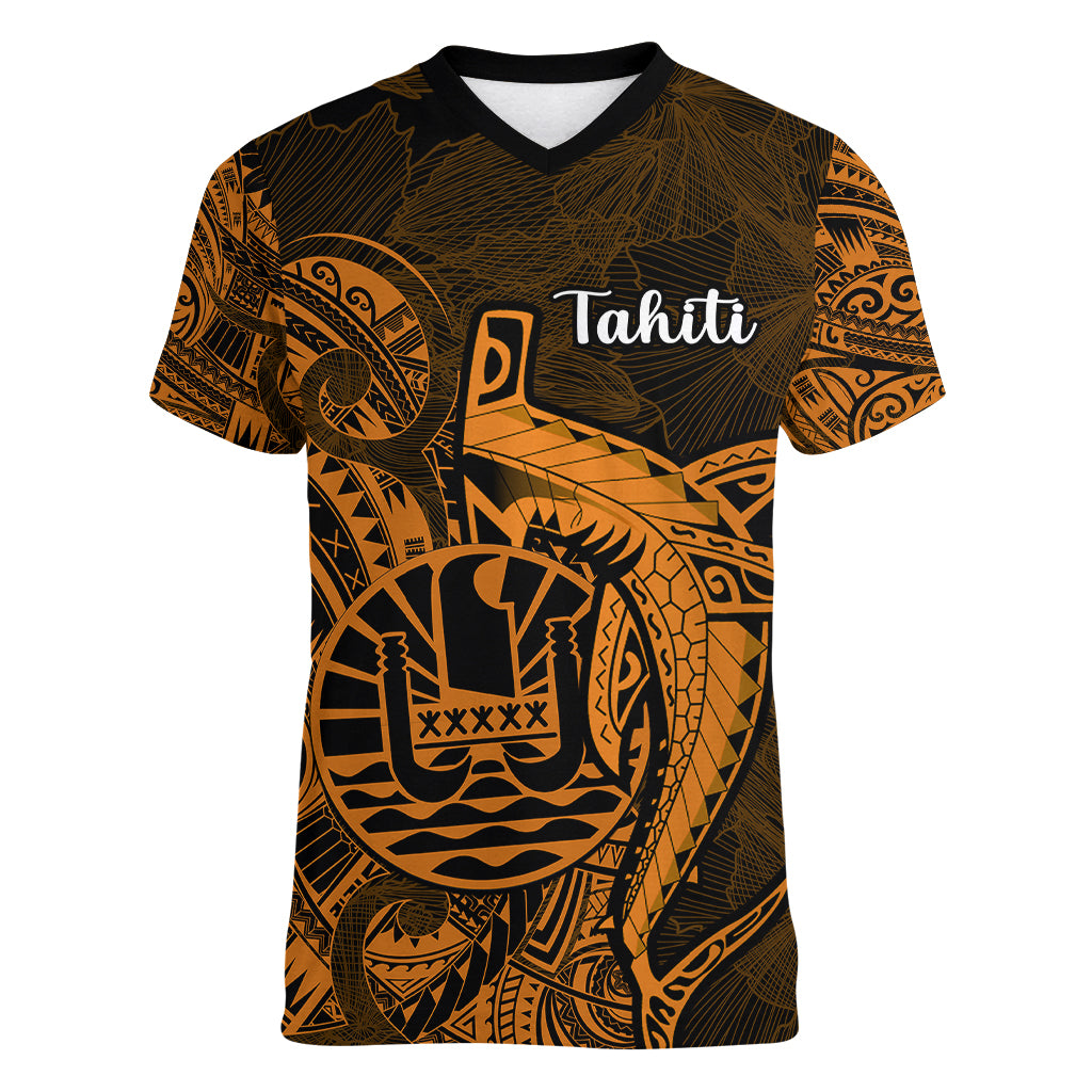 French Polynesia Tahiti Women V Neck T Shirt Polynesian Shark Tattoo With Hibiscus Red Version LT14 Female Gold - Polynesian Pride